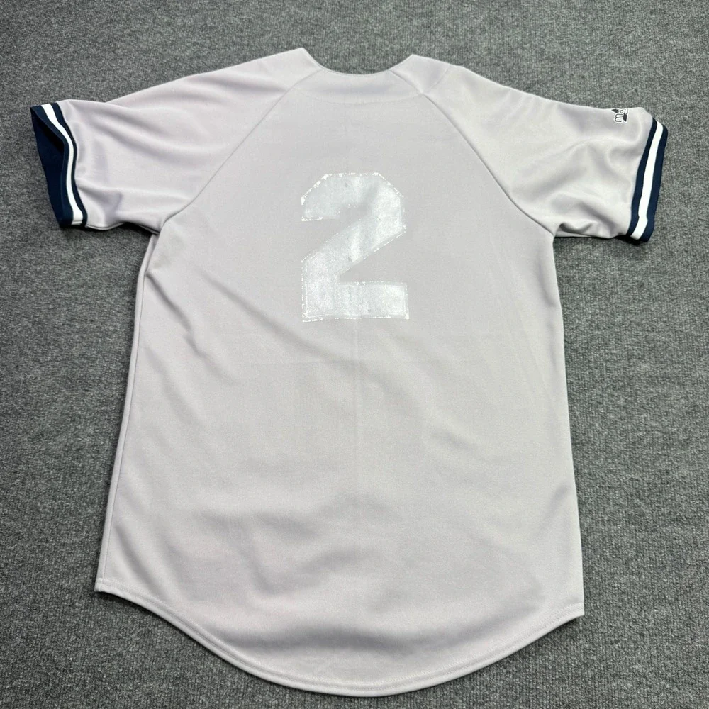 Derek Jeter 2 New York Yankees Majestic Baseball Jersey Youth L Grey Button Up